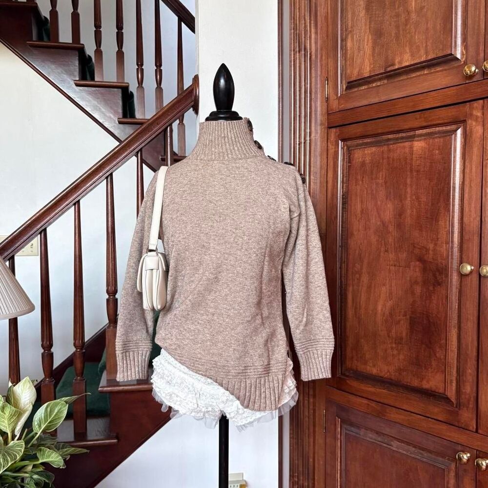 Anthropologie Brown Tan Oversized Sweater Turtleneck Button Detail